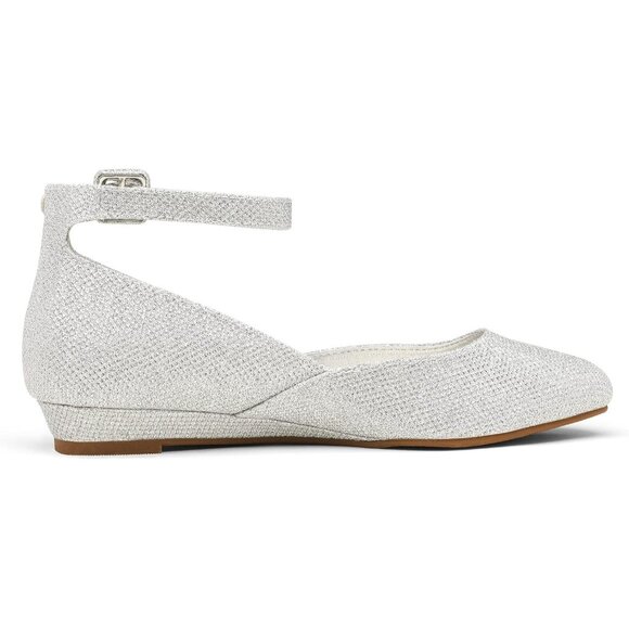 Dream Pairs Women's Silver Faux Leather Ankle Buckle Strap Low Wedge Flats Shoes - Picture 2 of 8